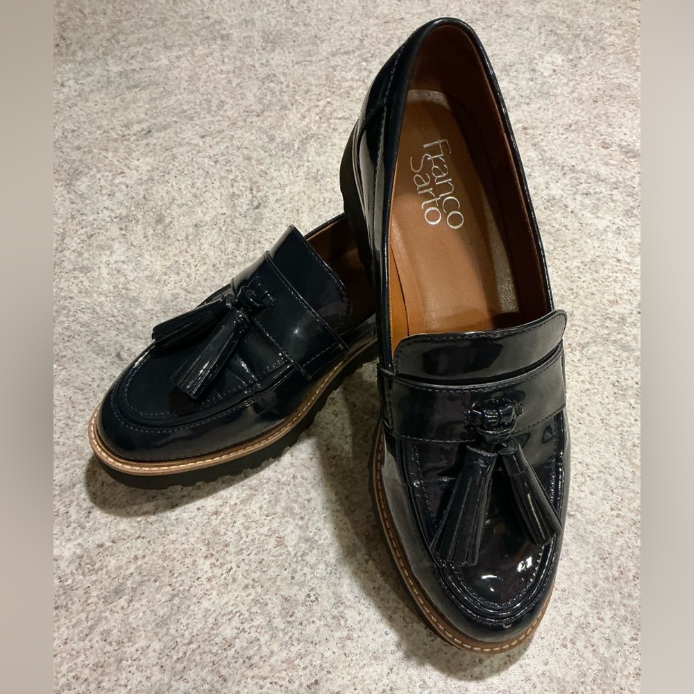 Franco Sarto Deep Navy Slip On Preppy Loafer Lug Platform Casual Career SZ 7W - Picture 3 of 14